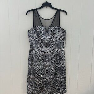 Adrianna Papell Silver Black Sequin Sheer Yoke Sheath Party Dress Women’s 10